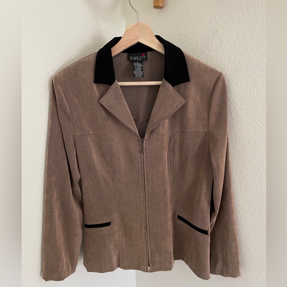 Scarlett Zip Front Jacket Blazer Vintage 80s Brown Herringbone Coat Size 8